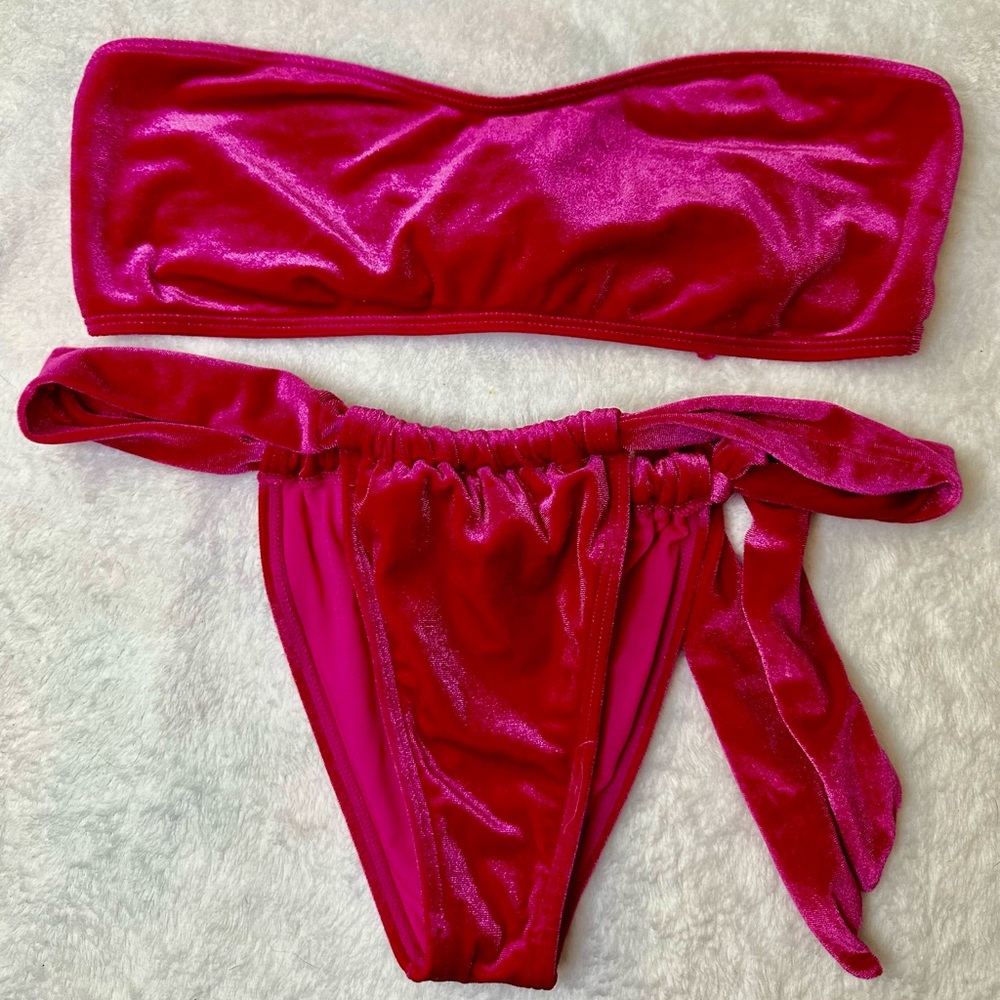 Nasty Gal Velvet Bandeau Knot Skimpy Bikini Top Waist Tie Bottom Hot Pink Size 8